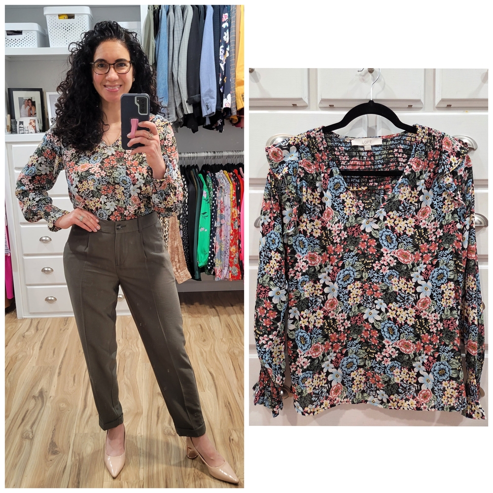 LOFT Floral V-Neck Long Sleeve Blouse in Black Multi